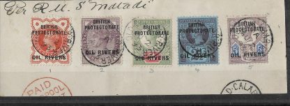 Niger Coast Oil Rivers 1892 QV Halfpenny to Five Pence on piece with Old Calabar River postmark