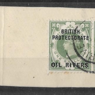 Niger Coast Oil Rivers 1892 QV One Shilling strip on piece SG 6 with Bonny River postmark