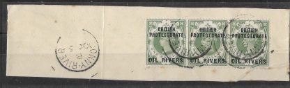 Niger Coast Oil Rivers 1892 QV One Shilling strip on piece SG 6 with Bonny River postmark
