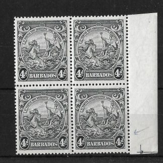 Barbados 1938 GVI Four Pence p14 block with scratched plate flaw SG 253dc mint
