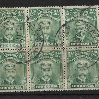 Rhodesia Admiral Halfpenny block with MAZABUKA (DC) postmark