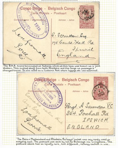Belgium Congo two postcards each with a different B&M R Railway cachets