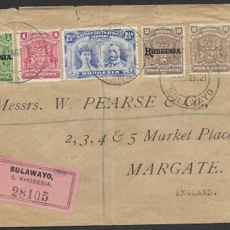 Rhodesia 1918 registered cover with Two and a Halfpence Double Head to Margate England