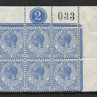 Gibraltar 1930 GV Three Pence plate block SG 109 unmounted mint