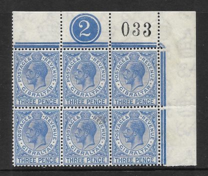Gibraltar 1930 GV Three Pence plate block SG 109 unmounted mint