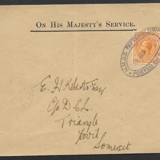 Falkland Islands 1926 HMOS Afterglow cover to Somerset England