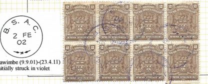 Rhodesia 1898 Two Pence block of eight with KAWIMBE BSAC in violet postmark