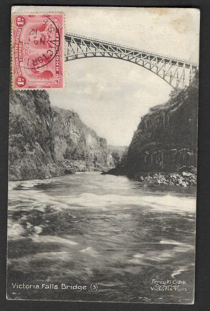 Rhodesia 1912 postcard of Victoria Falls with One Penny Double Head with Victoria Falls skeleton postmark
