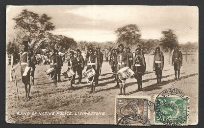 Northern Rhodesia 1929 dated postcard with unrecorded late date, depicting the Native band of the Police Livingstone