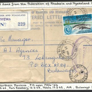 Northern Rhodesia 1962 registered cover from Mwewa to Bulawayo