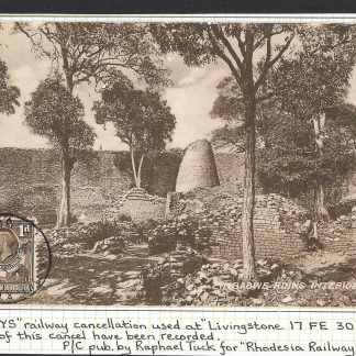 Northern Rhodesia 1930's used Postcard of Zimbabwe Ruins with B&M&Rlys cancel
