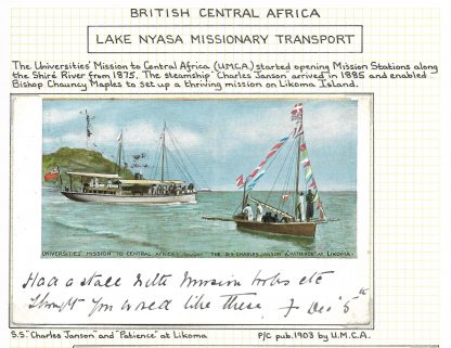BCA/Nyasaland Lake Nyasa Missionary Transport postcard of Charles Janson and Patience at Likoma