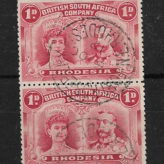 Rhodesia Double Head One Penny pair with FORT ROSEBERRY Day Month (SC) postmark