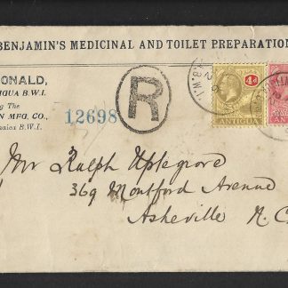 Antigua 1922 GV Registered commercial cover to USA at Five Pence rate