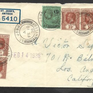 Antigua 1938 GV Registered cover to California USA at double rate