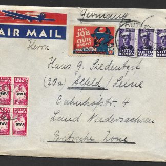 South West Africa 1948 airmail cover to Germany with label and war time issues from Outjo