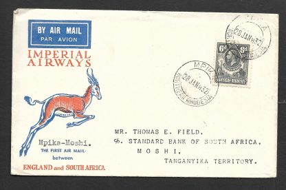 Northern Rhodesia 1932 Imperial Airways cover Mpika to Moshi