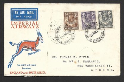 Northern Rhodesia 1932 Imperial Airways cover Broken Hill to Athens