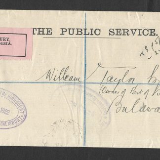 Rhodesia 1922 On The Public Service registered cover with High Court cachet and contents