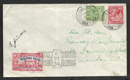 Great Britain 1934 First British Rocket flight cover with label and sent to 10 Downing Street