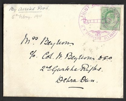 India 1911 First Aerial Post with UP Expedition Allahabah cancel sent to Col in the Gurkha Rifles