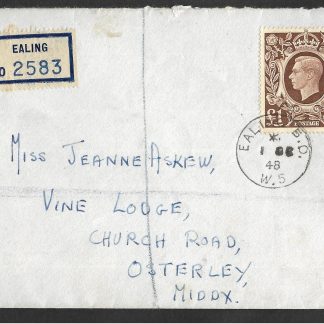 Great Britain 1948 GVI One Pound Brown on plain registered First day cover with Ealing cancel