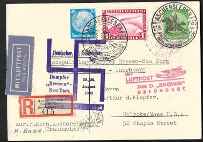 Germany 1933 Catapult Mail from the Liner Bremen uprated card