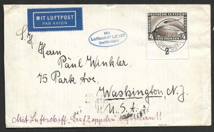 Germany 1928 Zeppelin Flight cover from Germany to New York with Four Mark Zeppelin stamp