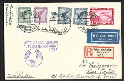 Germany 1932 Zeppelin card to South America with cachets and One Mark Zeppelin stamp