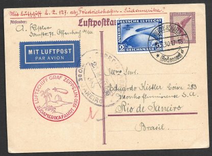 Germany 1930 Zeppelin card from Germany to South America