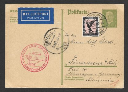 Germany 1930 Zeppelin card from Germany to South America