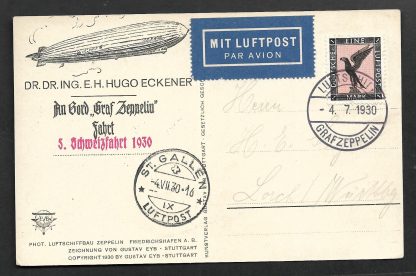 Germany 1930 Zeppelin postcard of Pilot from Germany to Switzerland