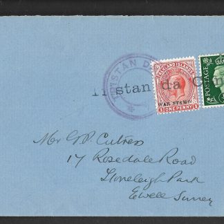 Tristan da Cunha GVI cover to England with Falkland and GB stamps and straight line cancel