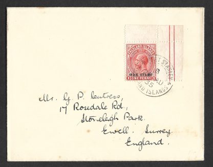 Falkland Islands 1935 GV One Penny War stamp used on cover to England