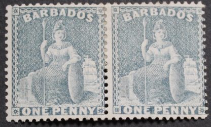 Barbados 1875 QV One Penny Grey-Blue p14 pair SG 74 mint