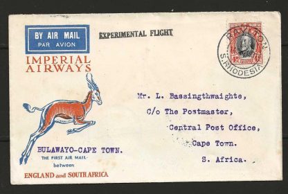 Southern Rhodesia 1931 Experimental First Flight Illustrated cover Bulawayo to Cape Town