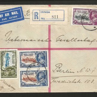 Kenya/Uganda/Tanganyika 1935 GV Silver Jubilee set on cover from Iringa to Germany