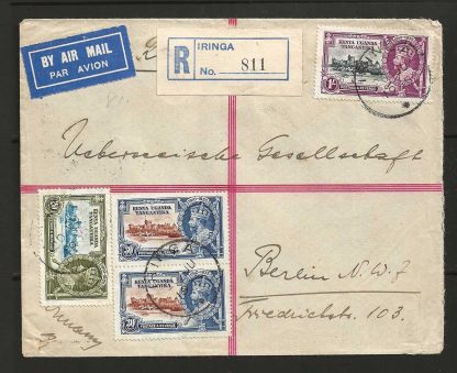 Kenya/Uganda/Tanganyika 1935 GV Silver Jubilee set on cover from Iringa to Germany