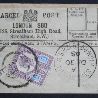 Great Britain 1905 EVII Five Pence on Parcel Post piece with Streatham postmark