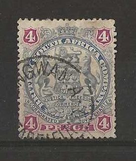 Rhodesia 1897 Four Pence Large Arms with INGWANIA no date (SC) postmark