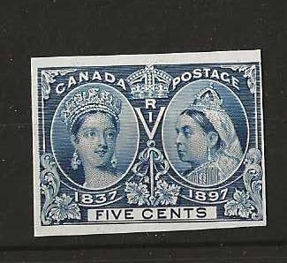Canada 1897 QV Jubilee Five Cents Imperf Plate Proof on thick ungummed card