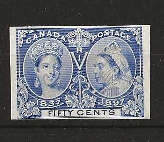 Canada 1897 QV Jubilee Fifty Cents Imperf Plate Proof on thick ungummed card