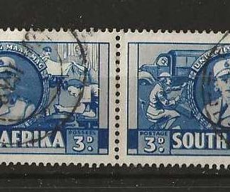 South Africa 1941 WWII issue Three Pence pair with Cigarette flaw SG 91a used