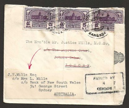 Thailand 1939 WWII censored cover to India and forwarded to Australia