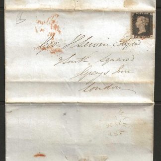 Great Britain 1840 QV One Penny Black plate 3 cover used 26 July 1840 at Barnsley