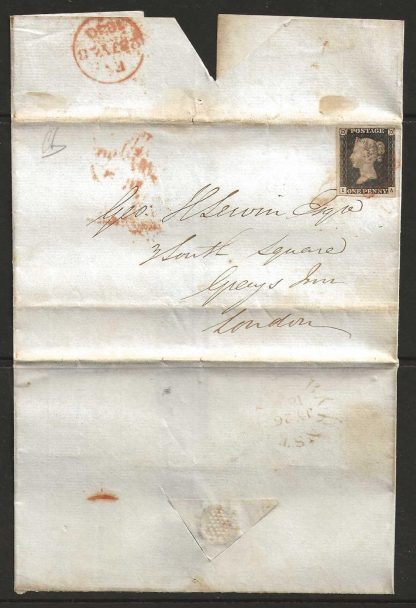 Great Britain 1840 QV One Penny Black plate 3 cover used 26 July 1840 at Barnsley