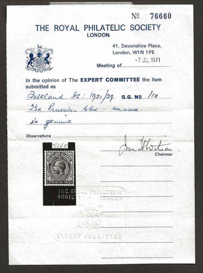 Falkland Islands 1921 GV Two and Halfpence Prussian Blue mint with Royal Cert - Image 2