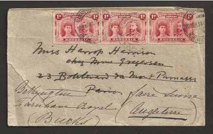 Rhodesia Double Head One Penny strip on cover to France and re-directed