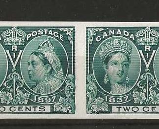 Canada 1897 QV Jubilee Two Cents Imperf pair Plate Proof on thick ungummed card