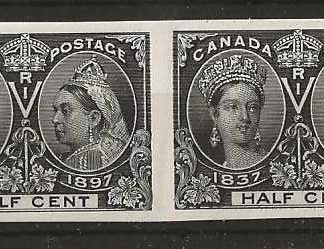 Canada 1897 QV Jubilee Half Cent Imperf pair Plate Proof on thick ungummed card